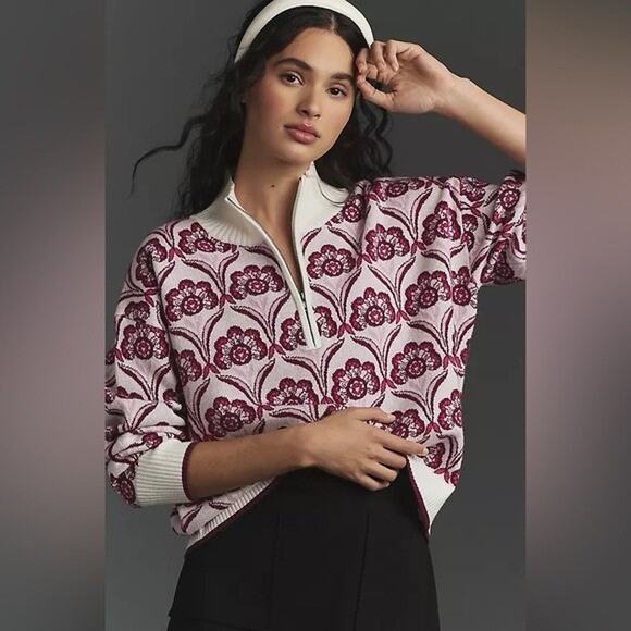 nwot Anthropologie Montana Maeve Mockneck Zipper Geo Print Pink Purple Small - Picture 1 of 4